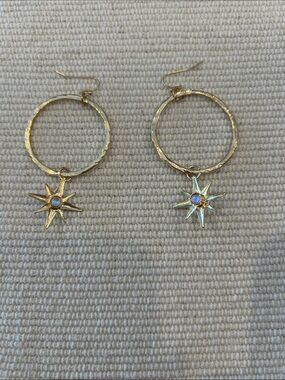 Gold Starburst Hoop Drop Earrings with Opalescent Center